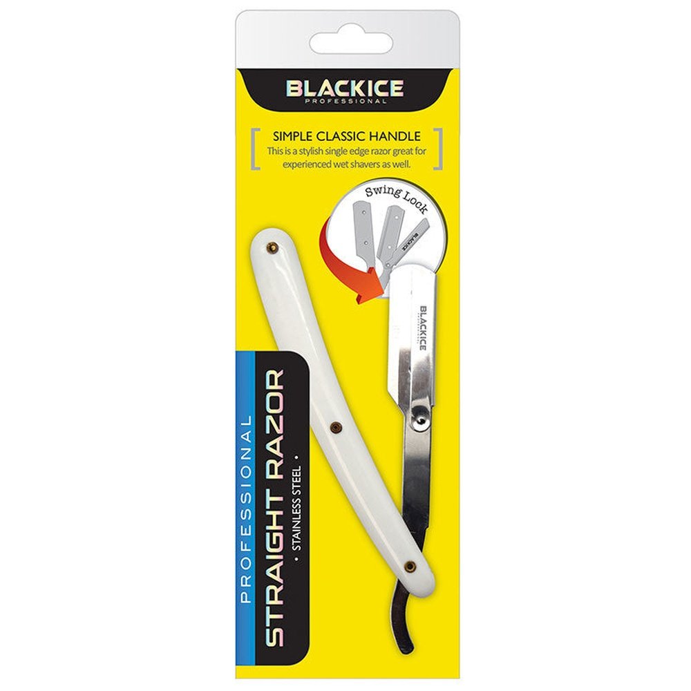 Black Ice Swing Lock Straight Razor Plastic Handle White